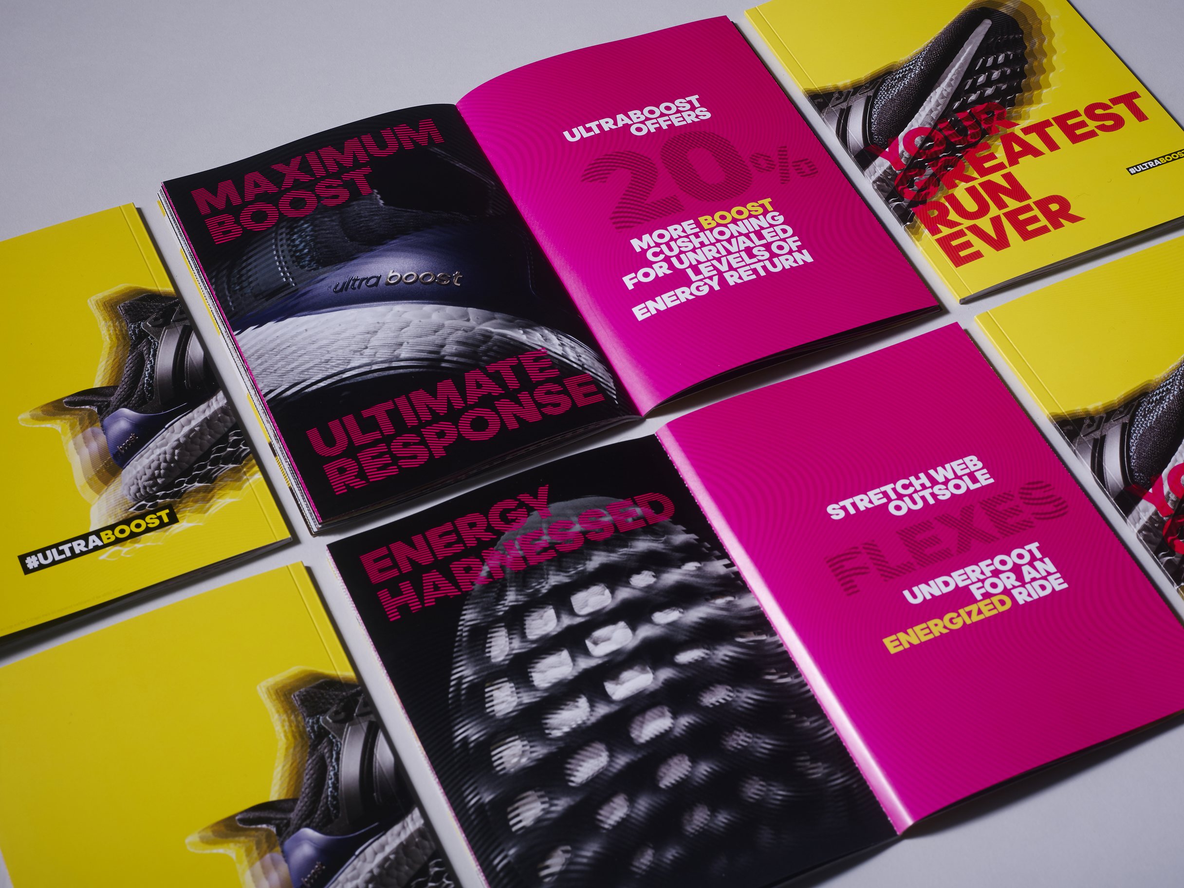 adidas Ultraboost Bible: two magenta spreads side by side