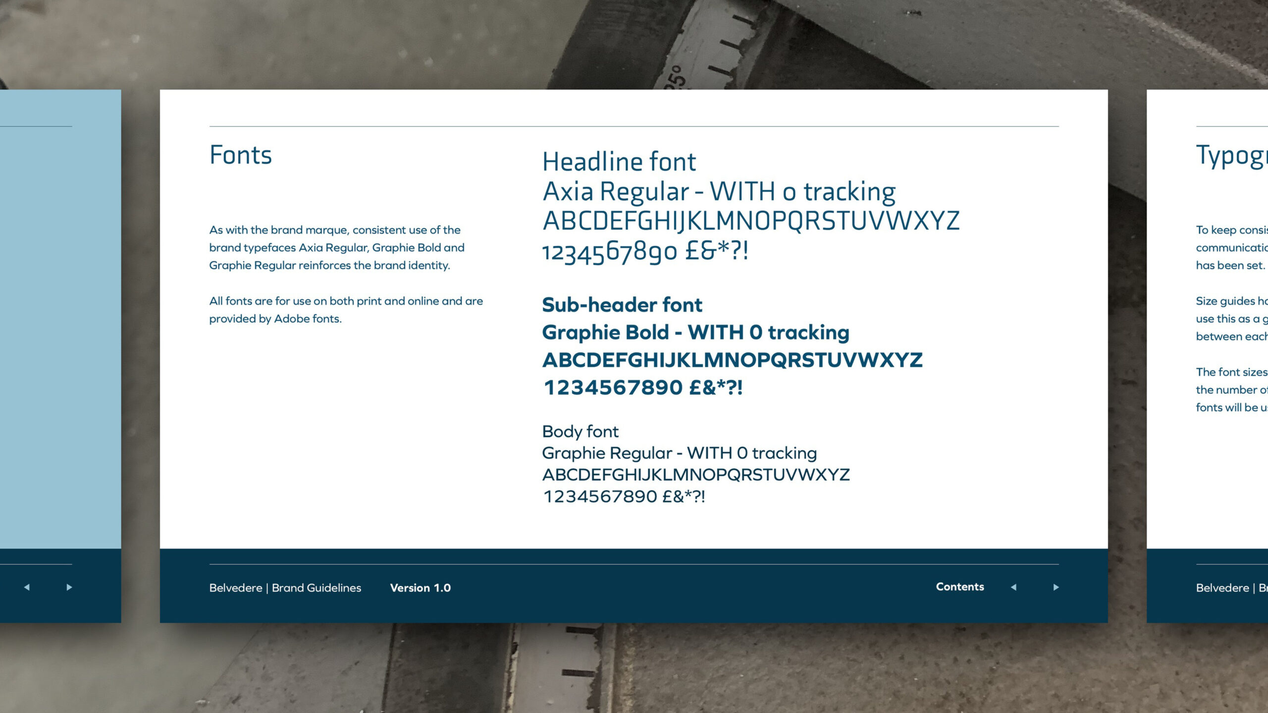 Brand guidelines page setting out the Axia and Graphie typefaces