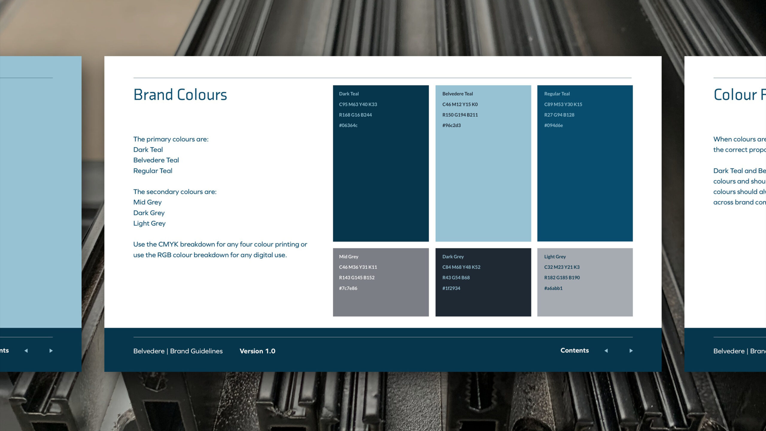 Brand guidelines page setting out the brand colours