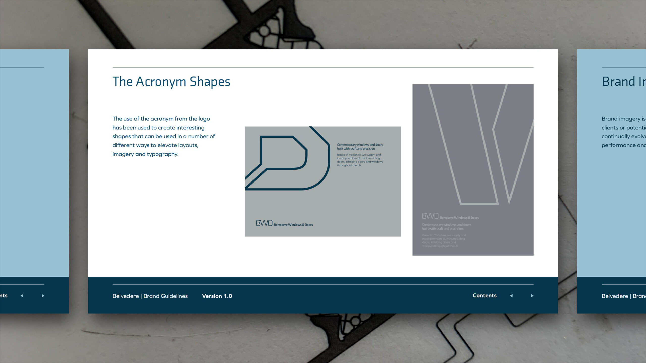 Brand guidelines page showing the shapes cut from the BWD acronym
