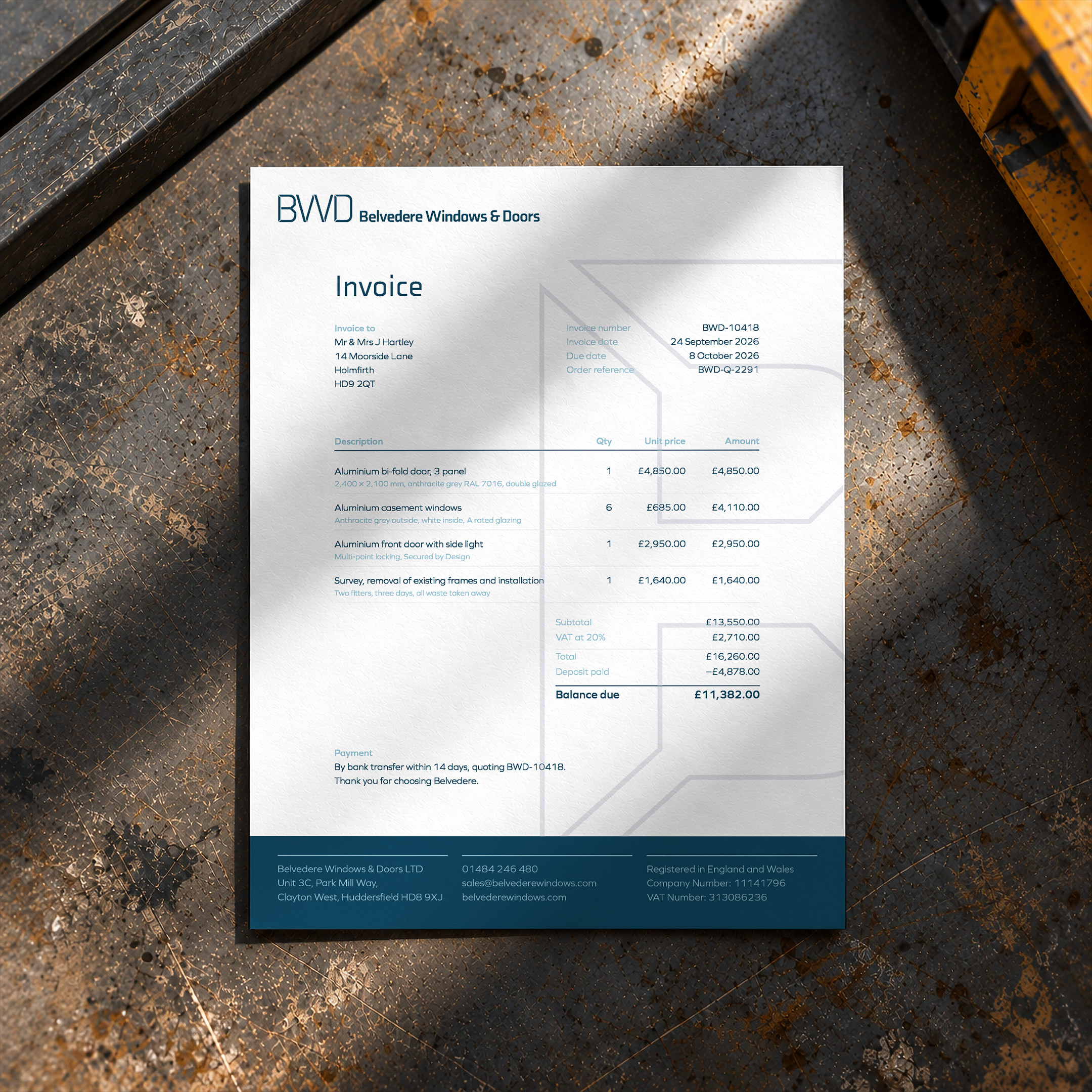 A Belvedere invoice printed on the letterhead