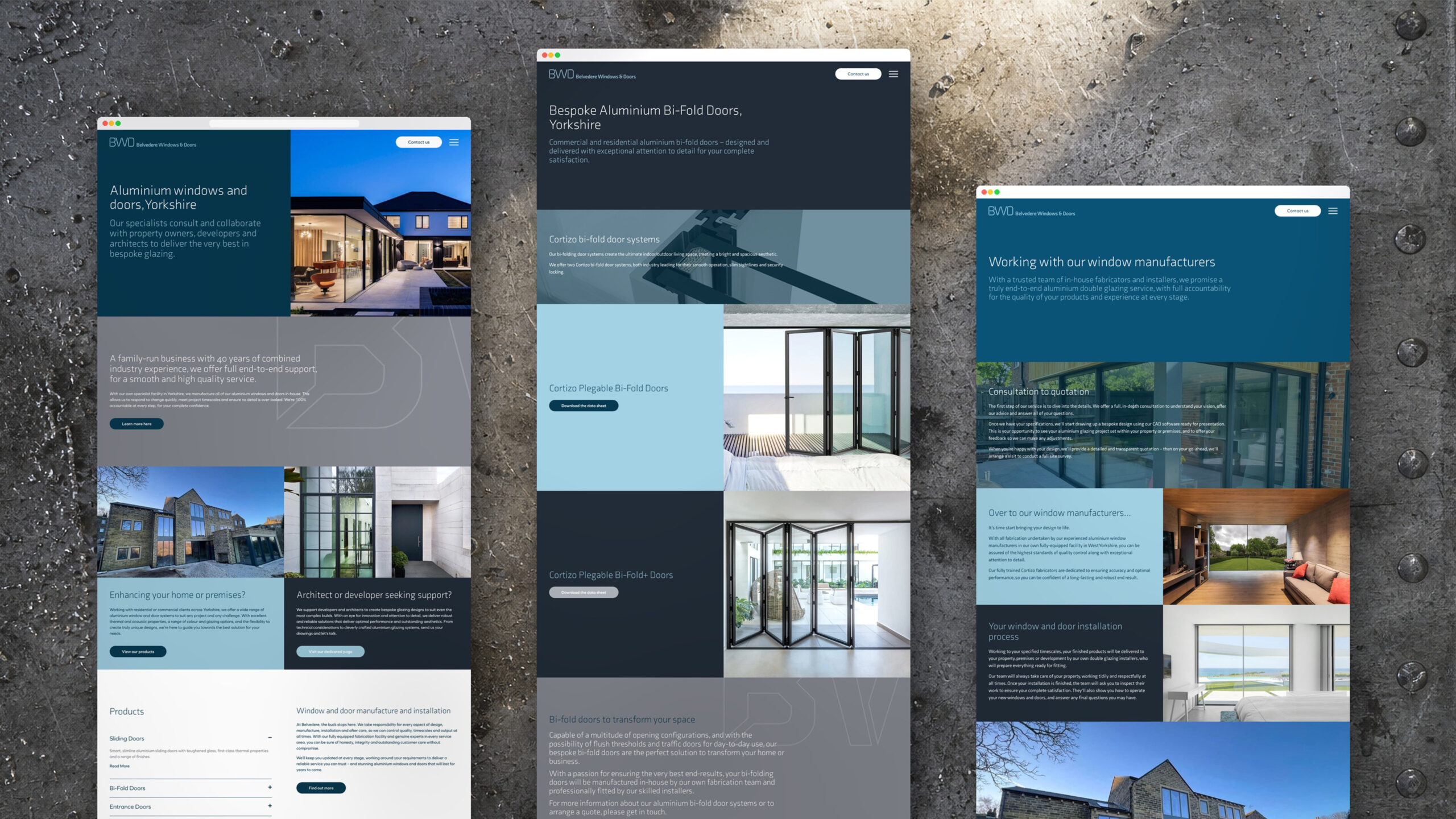 Three Belvedere website pages laid out on a workbench