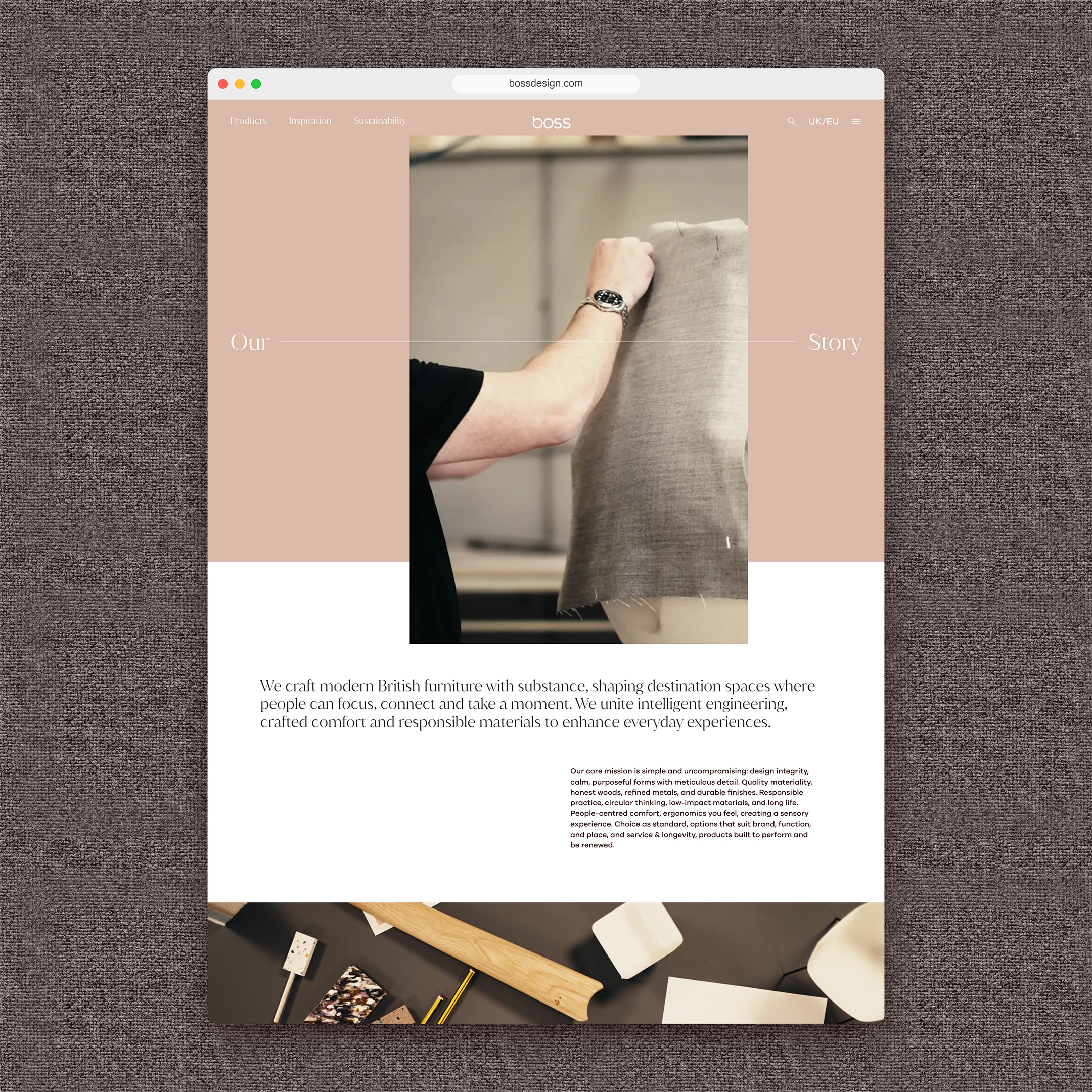 Boss Design Our Story page in a browser window on fabric