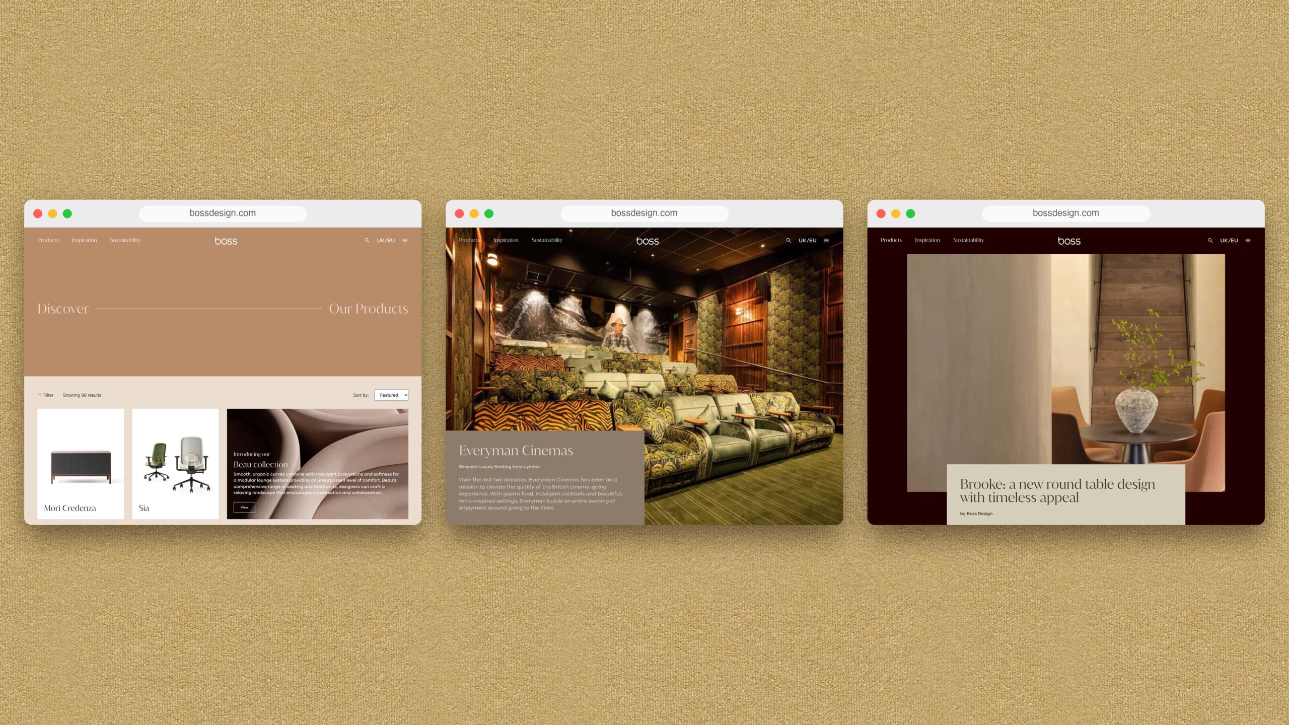 Three Boss Design pages in browser windows: product directory, Everyman Cinemas project and Brooke table