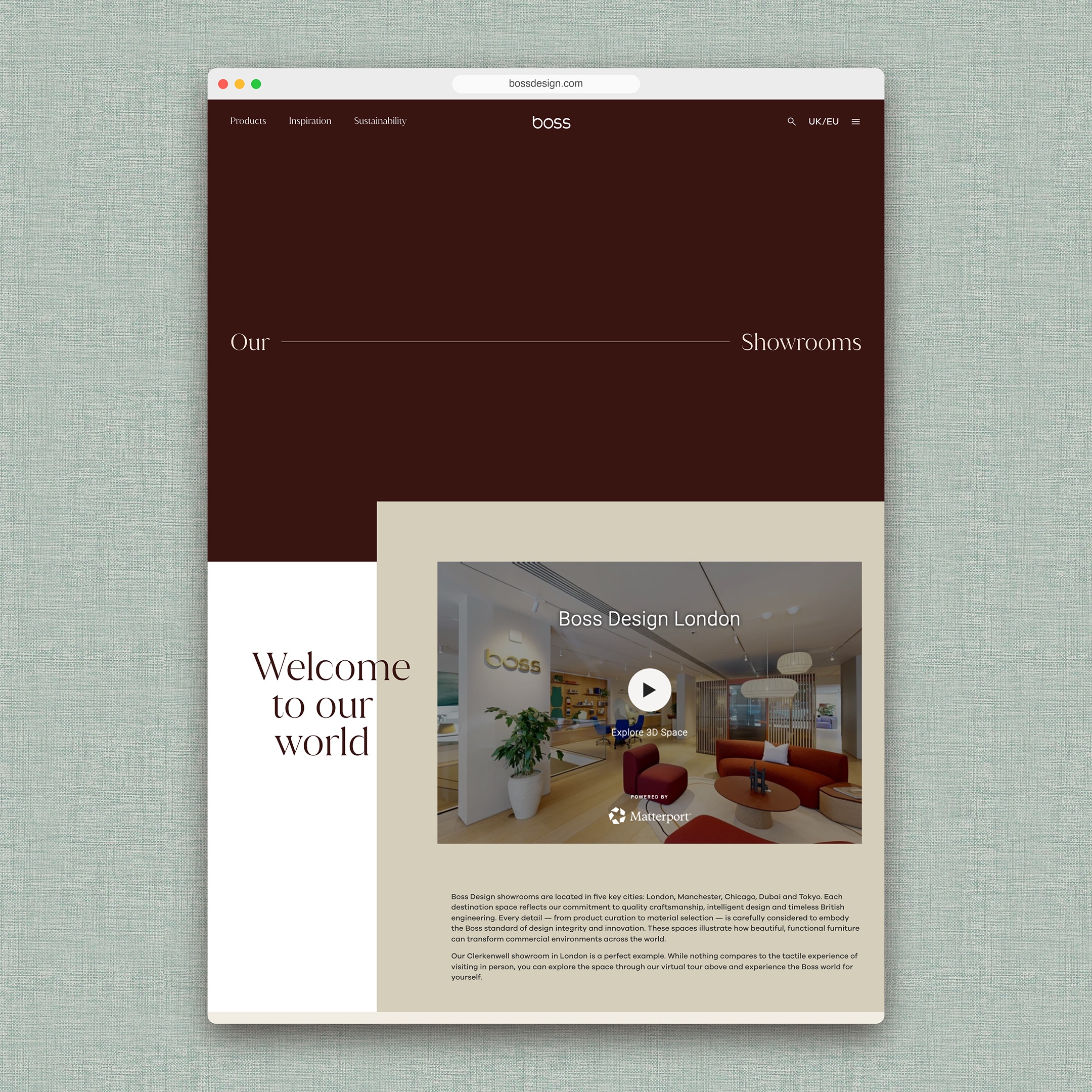 Boss Design Showrooms page in a browser window