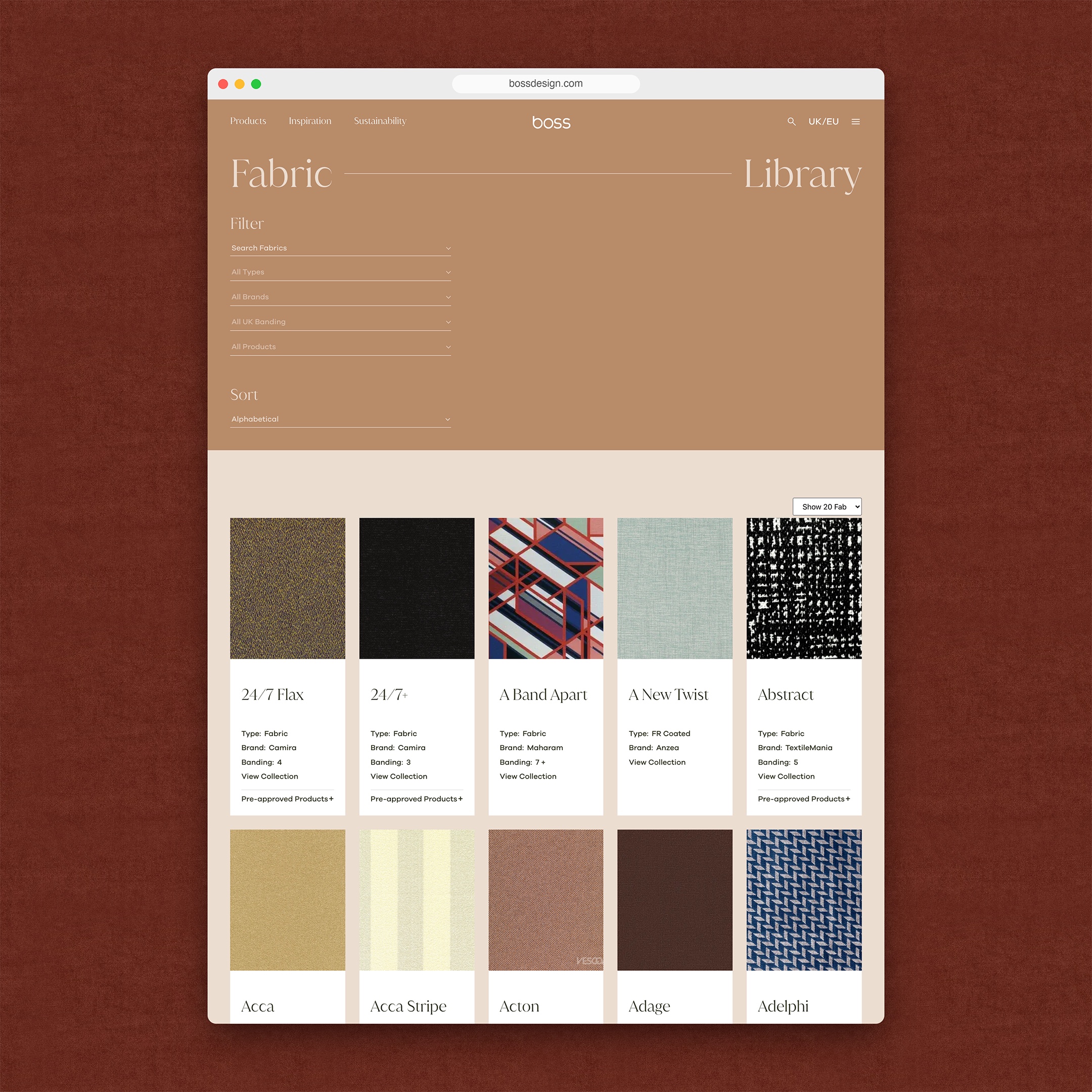 Boss Design fabric library page with its swatches