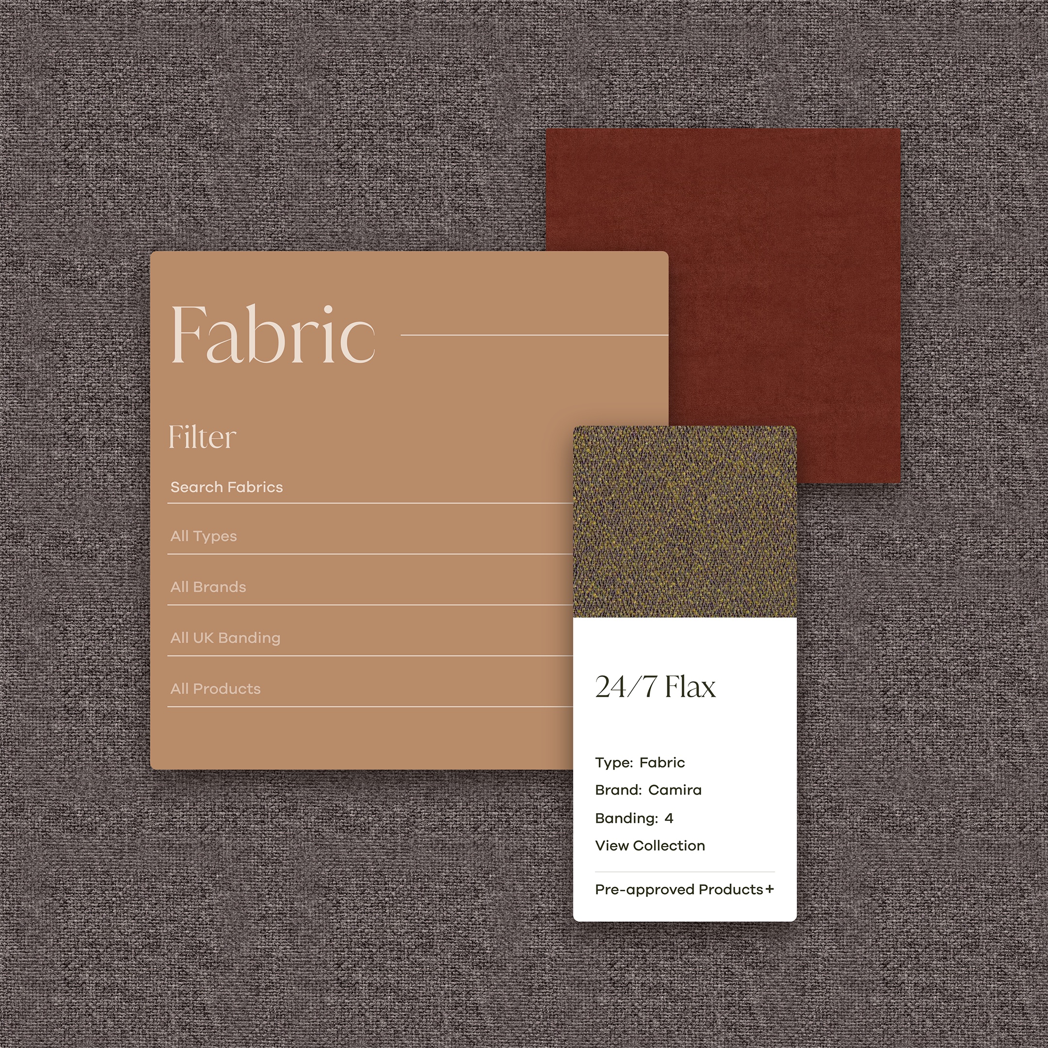 Fabric library filters beside a 24/7 Flax swatch card