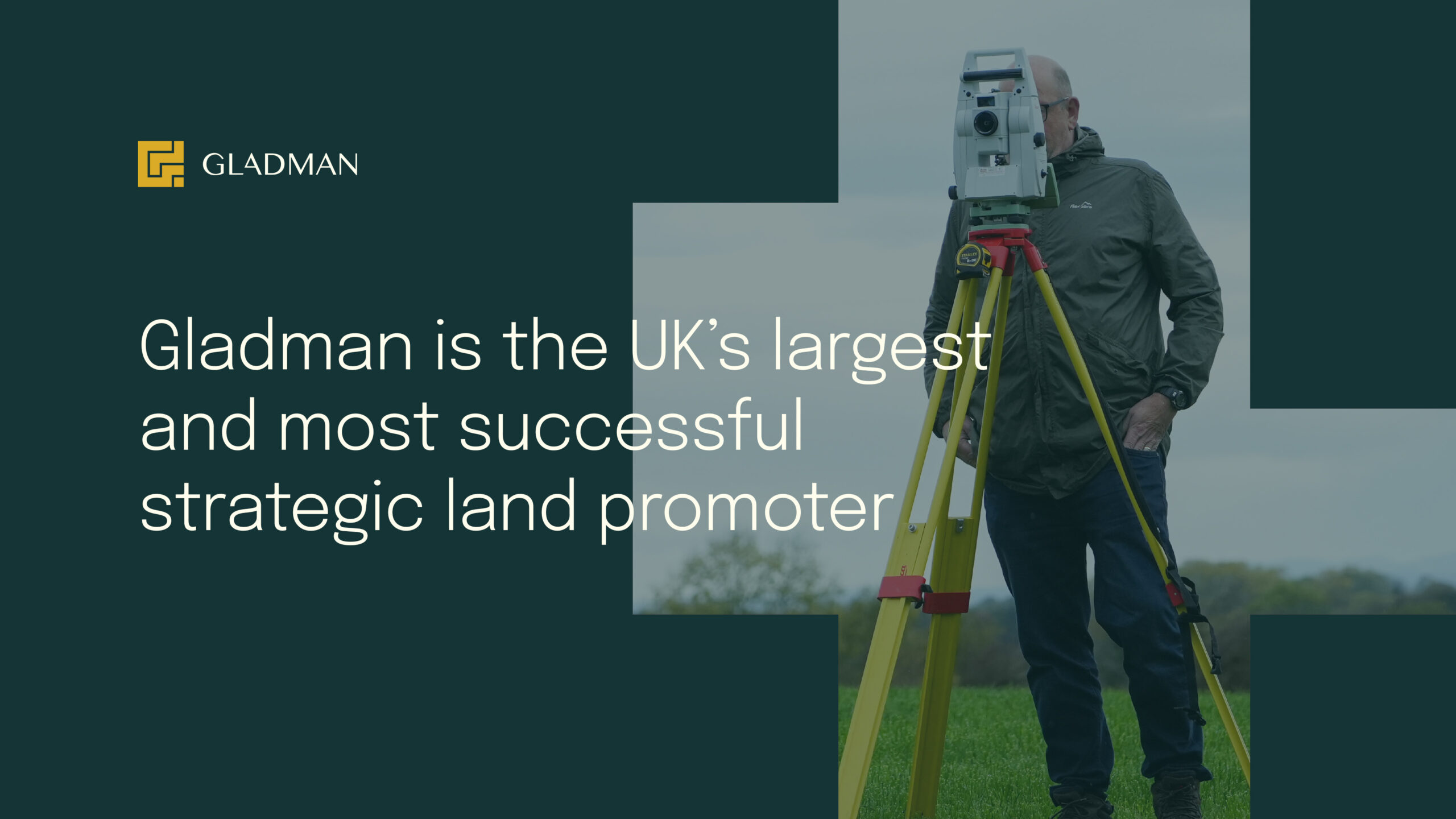 Gladman brand line over a surveyor photographed through the supporting graphic