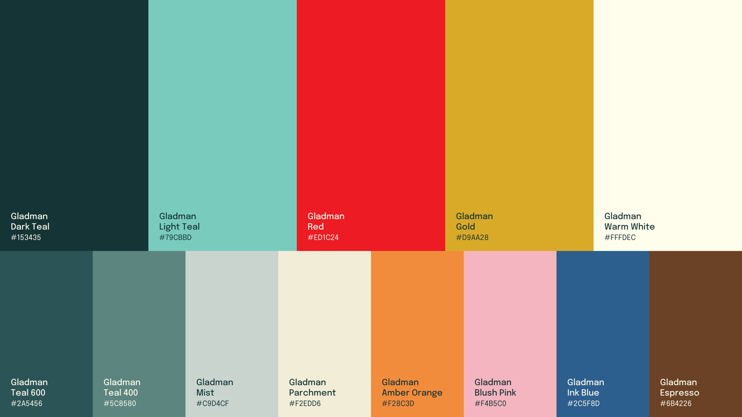 The Gladman colour palette, five primary and eight secondary colours