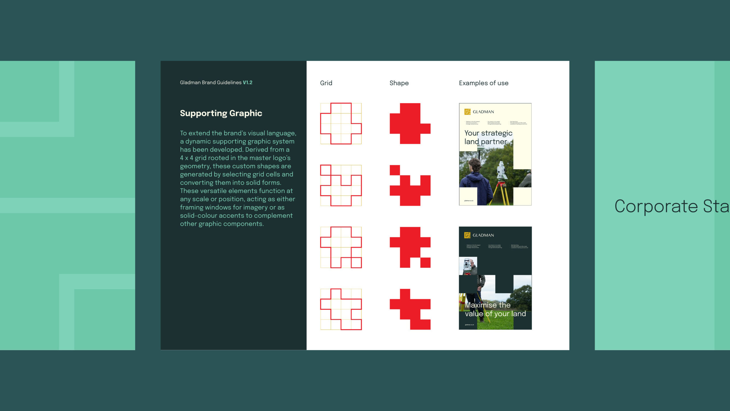 The supporting graphic page from the Gladman brand guidelines
