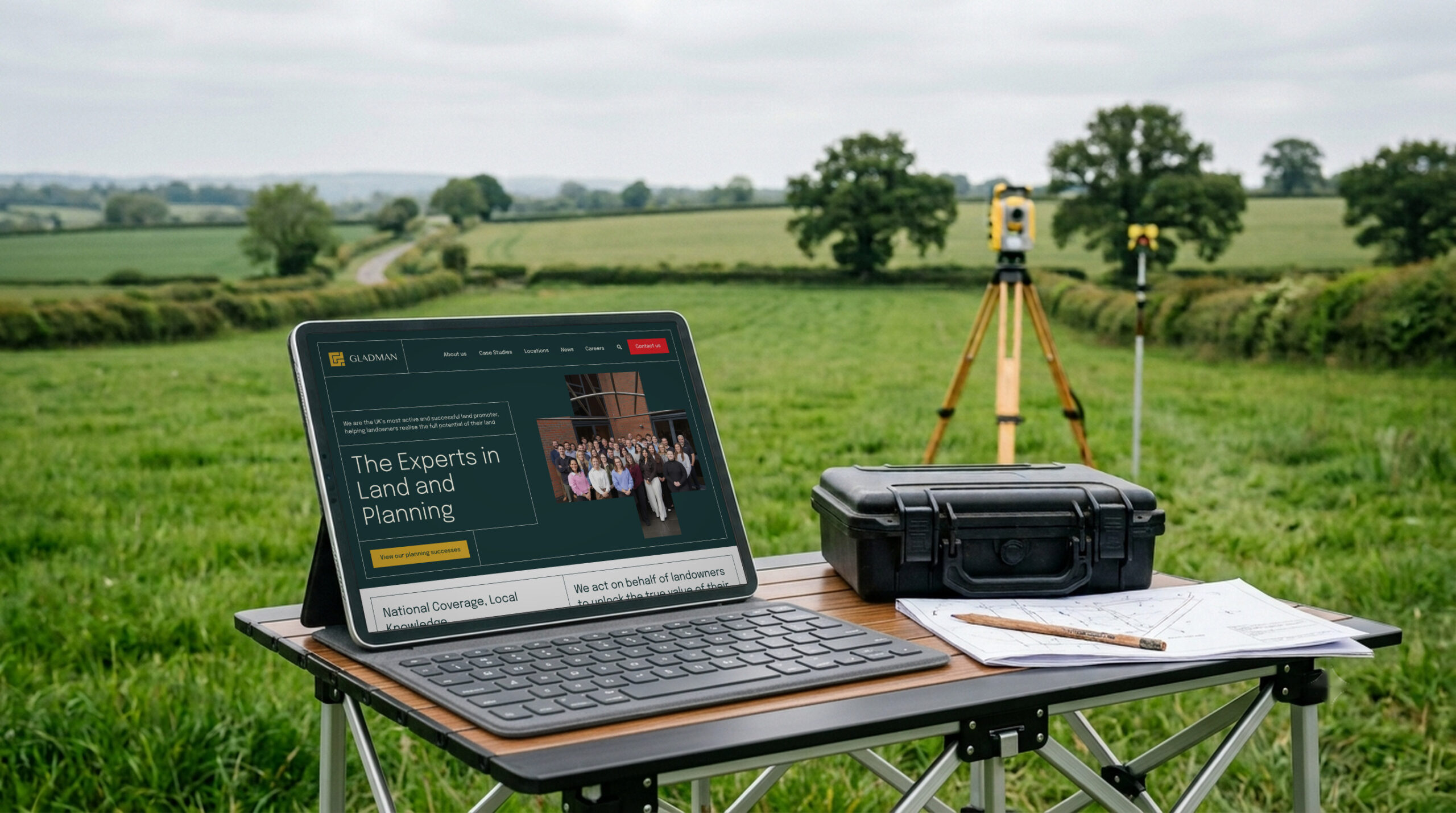 The Gladman homepage on a tablet set up on a folding table in a green field, with a surveying total station on a tripod behind