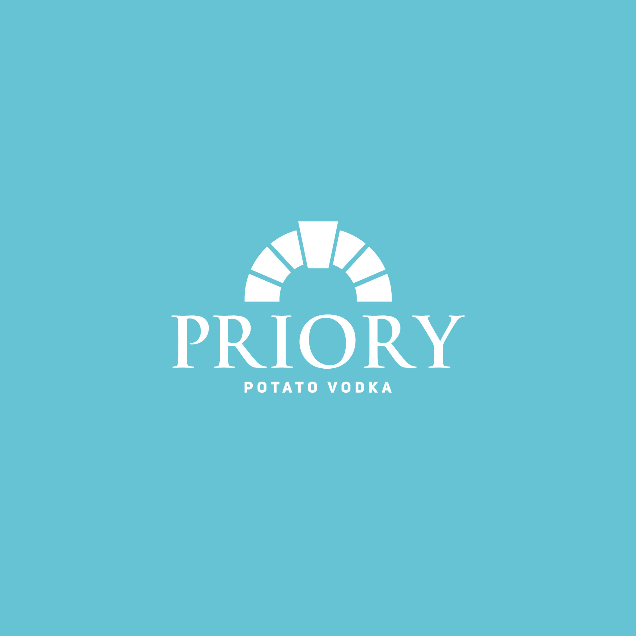 Priory Potato Vodka logo reversed out of Priory blue