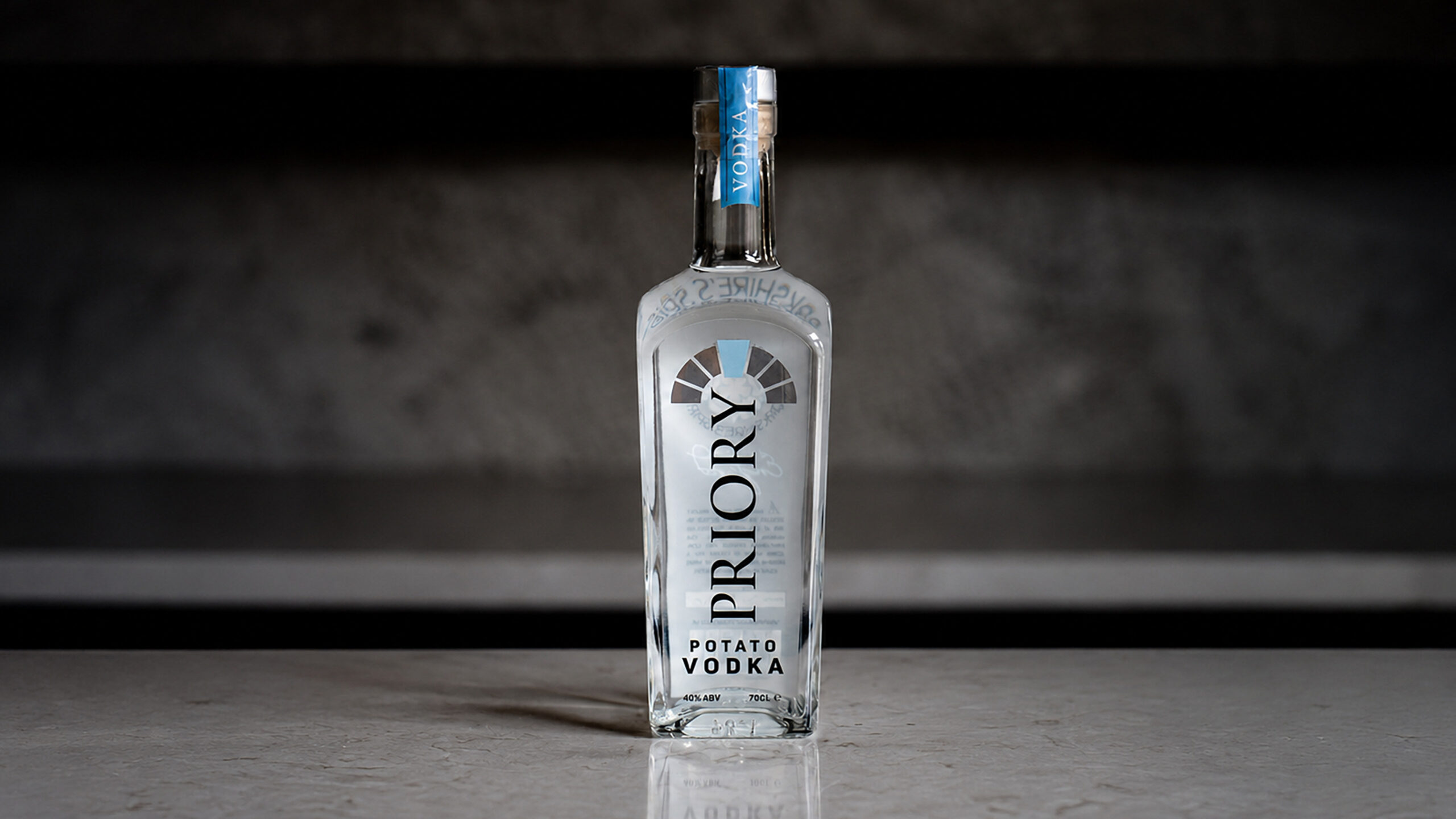 Priory Potato Vodka bottle on a dark bar top