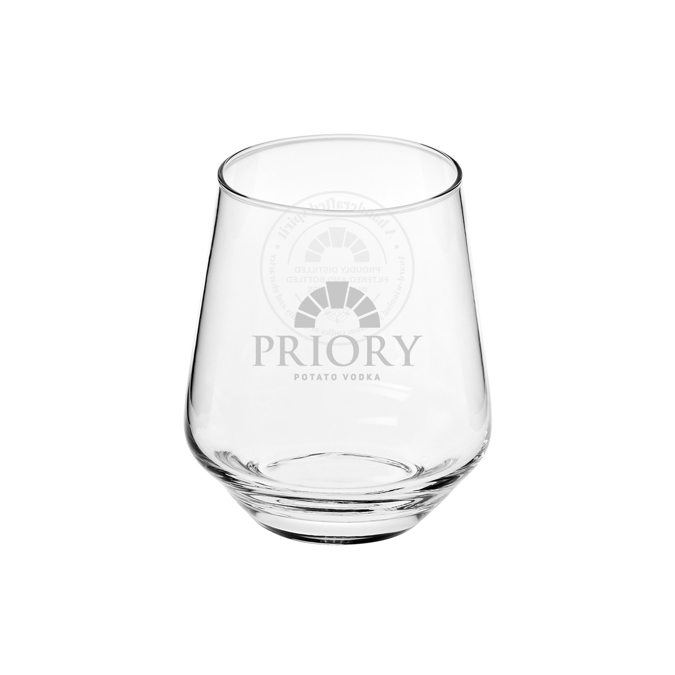 Tumbler glass etched with the Priory logo