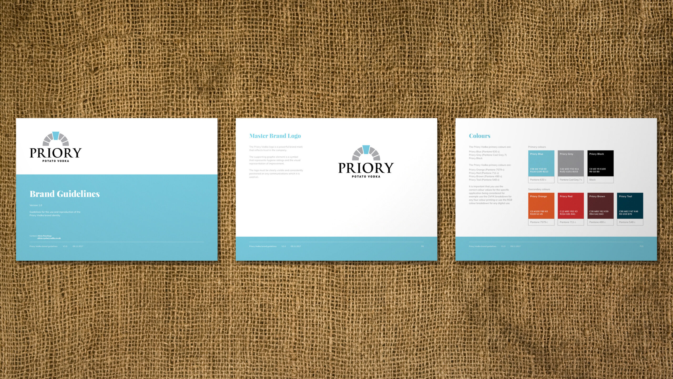 Three pages of the Priory Vodka brand guidelines laid out on hessian