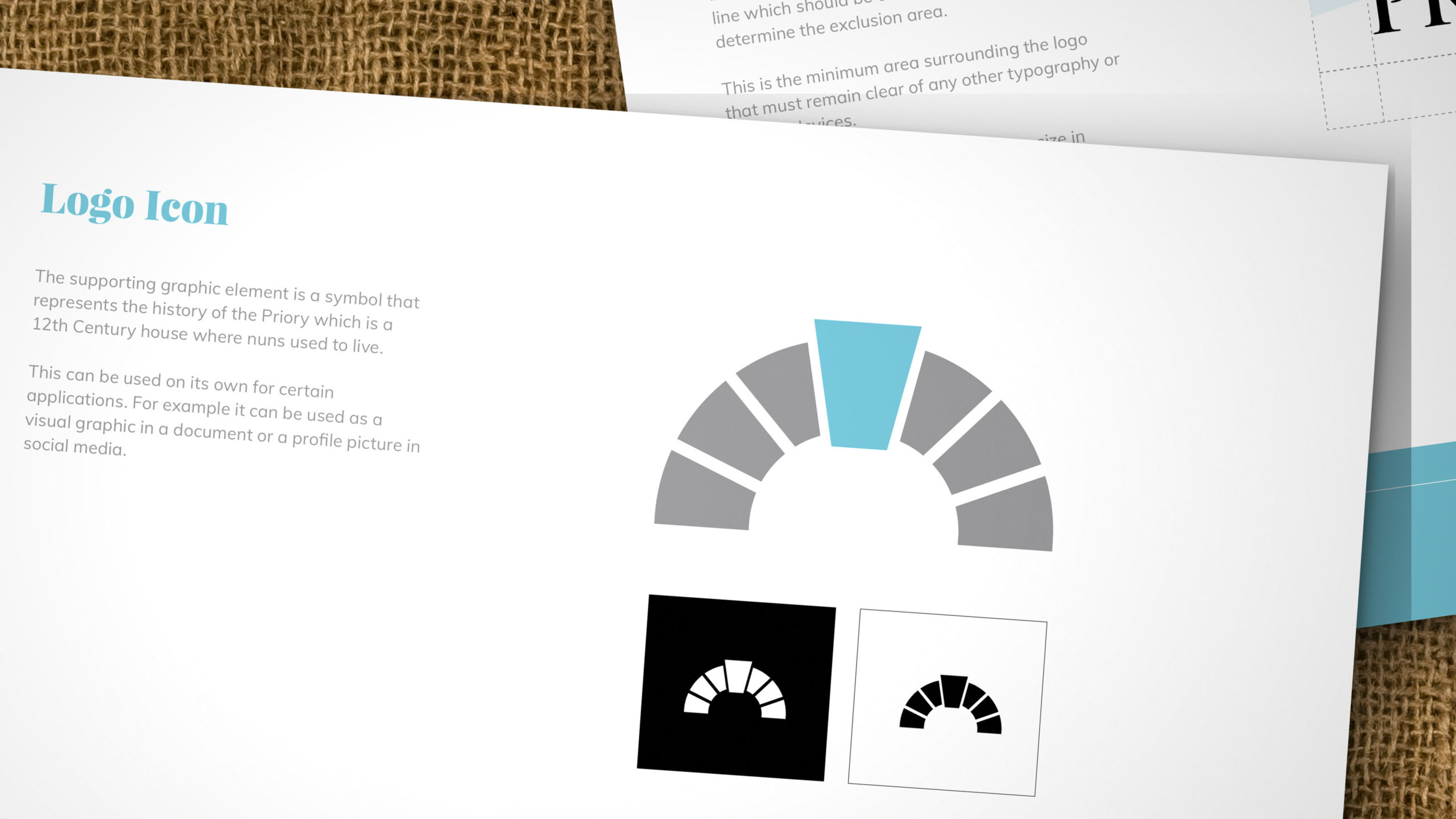 Priory Vodka brand guidelines open at the logo icon page, on hessian