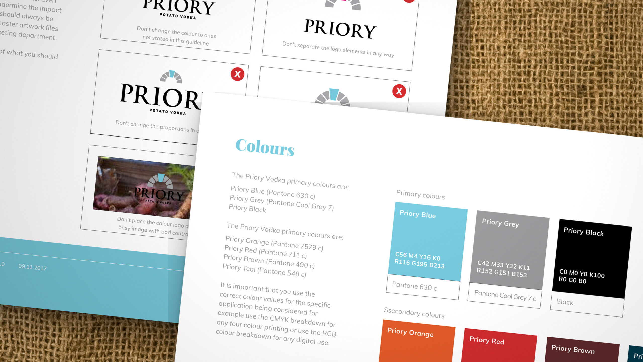 Priory Vodka brand guidelines open at the logo don'ts and colour palette, on hessian