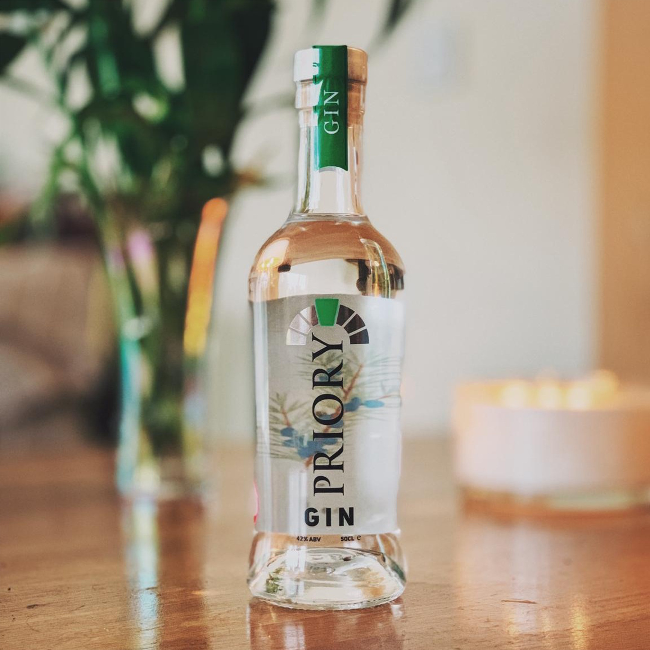 Priory Gin bottle on a table