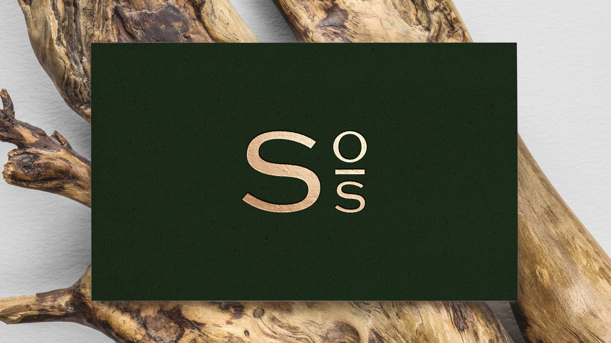 Green business card with the S os monogram in gold foil, on driftwood
